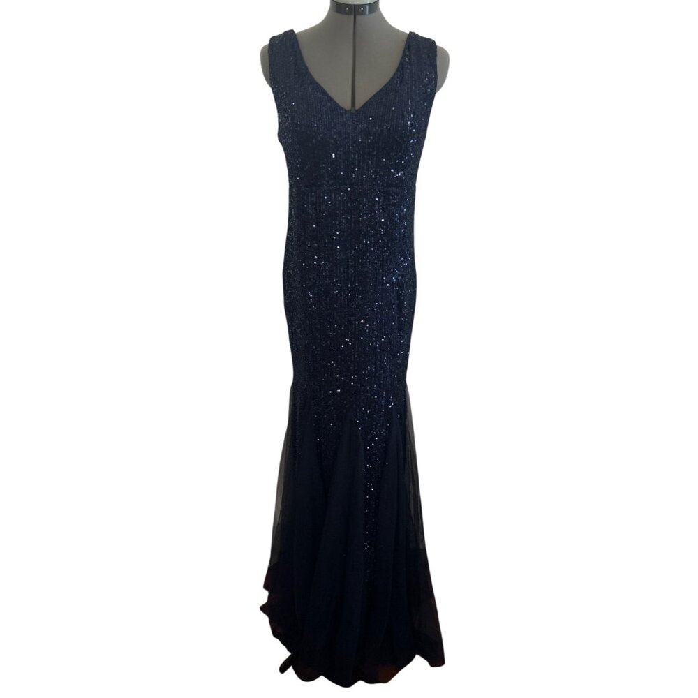 AARFAR Navy Blue Sequin Tulle Gown 2XL Sleeveless V-Neck Full-Length RUNS SMALL